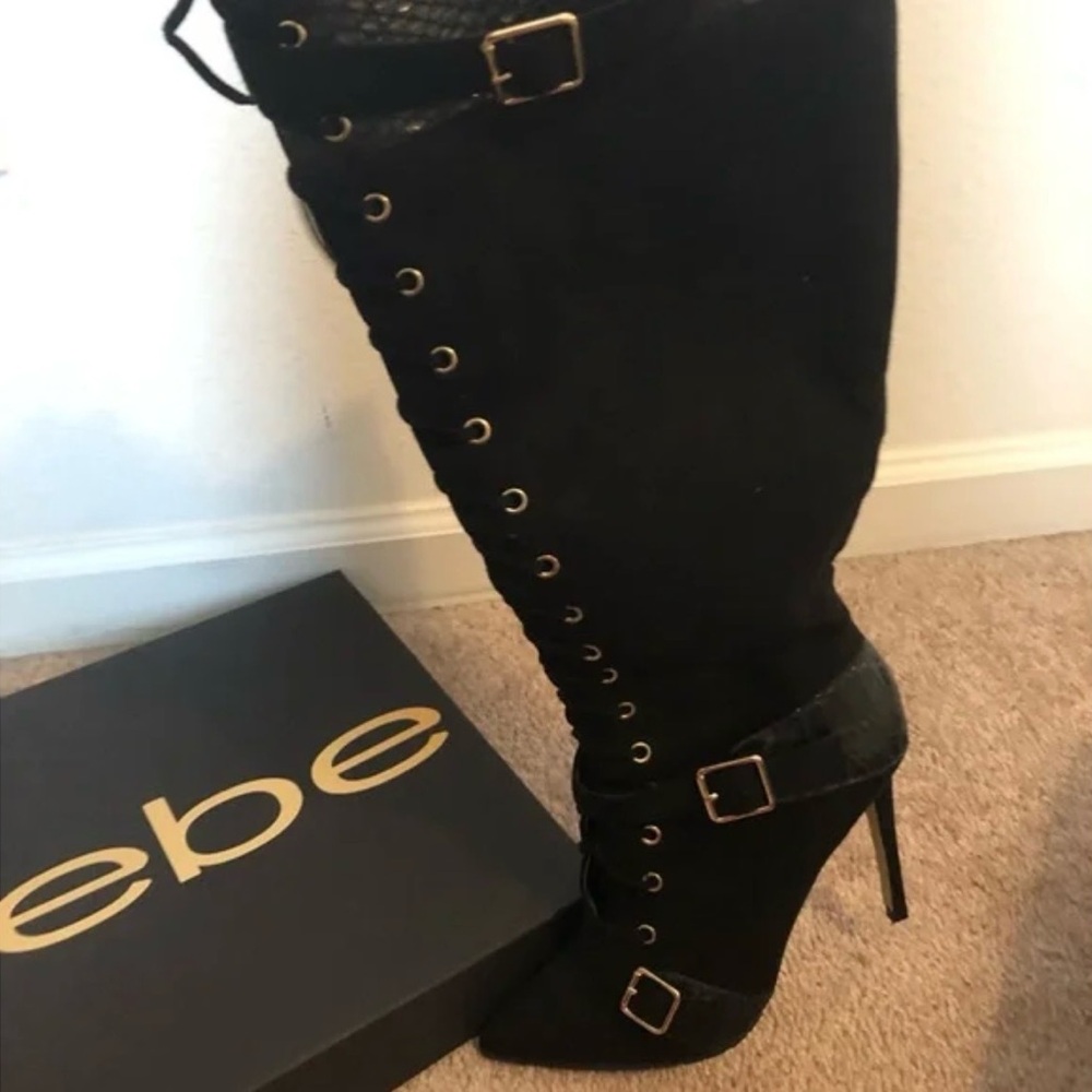 Bebe Black Buckle Heeled Boots